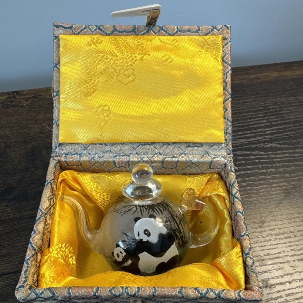 VTG Asian Glass Teapot Mini Reverse Painted Pandas Tea Pot Gift Box Small